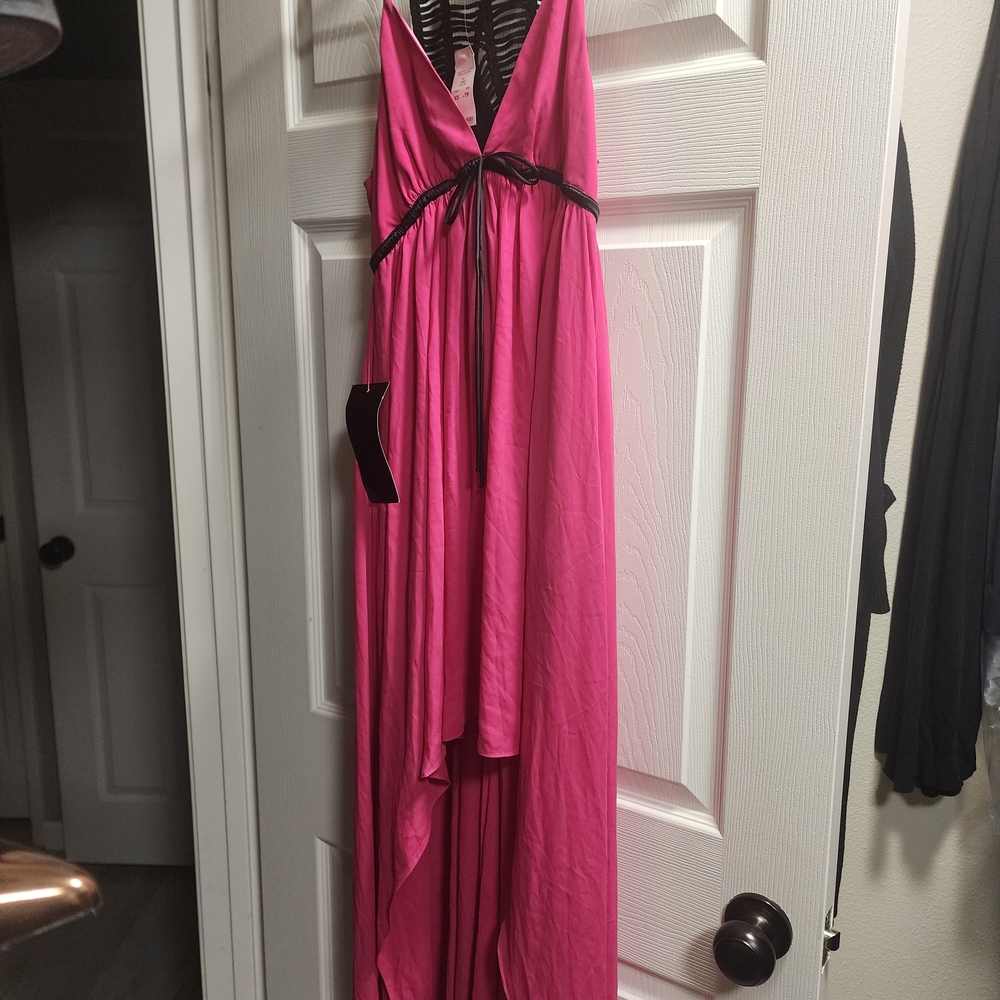 bebe Hot Pink High-Low V-Neck Maxi Dress with Black Waist Tie
